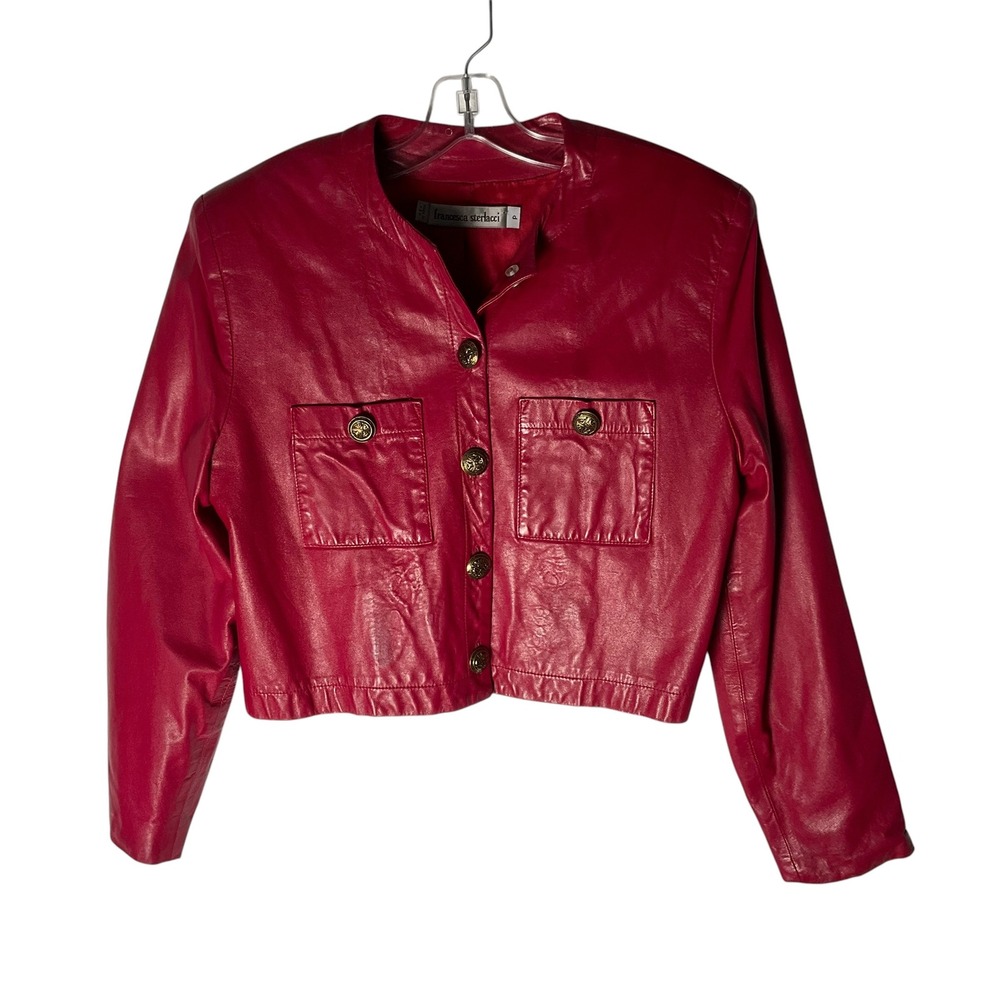 Francesca Sterlacci Vintage 80s Leather Jacket Cropped Crest Buttons Red Size XS